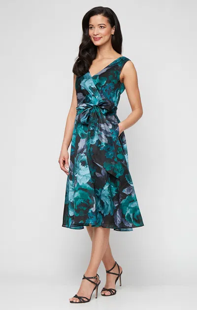 Alex Evenings 8192025 Short Printed Midi Length Cocktail Dress In Green
