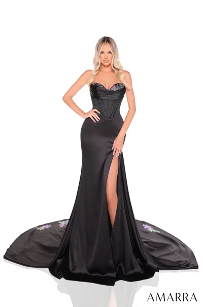 Amarra 88272 Slit Fitted Long Formal Beaded Prom Dress In Blue