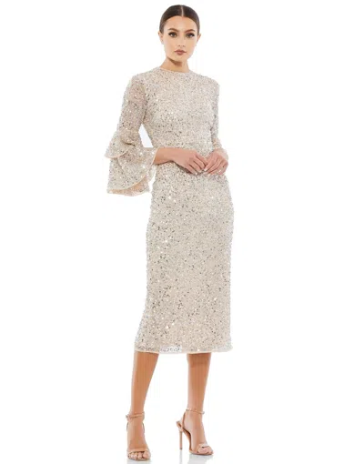 Mac Duggal Tiered Ruffle-sleeve Sequin Midi Dress In White