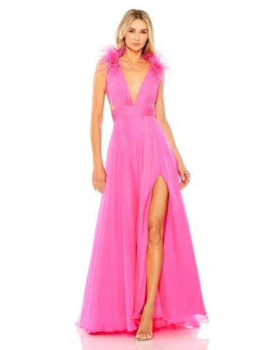 Mac Duggal 68680 Long A Line Formal Feathered Slit Prom Dress In Pink