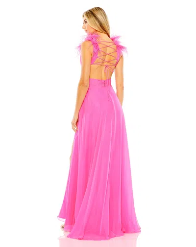 Mac Duggal 68680 Long A Line Formal Feathered Slit Prom Dress In Pink
