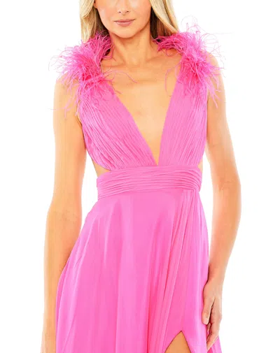 Mac Duggal 68680 Long A Line Formal Feathered Slit Prom Dress In Pink