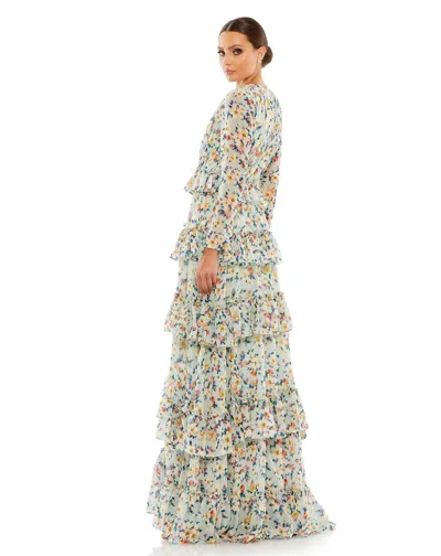 Mac Duggal Floral Printed Tiered Ruffle Long Sleeve Gown In Multi