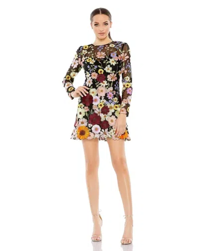 Mac Duggal Embroidered Floral Long Sleeve Mesh Minidress In Black Multi