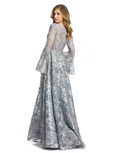 Mac Duggal Embellished Illusion Bell Sleeve A Line Gown In Grey Multi