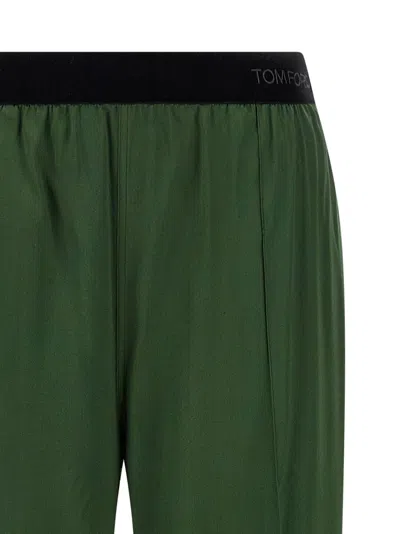 Tom Ford Green Pants With Elastic Waist With Logo Lettering In Silk Stretch Woman