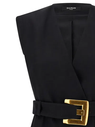 Balmain Sleeveless Wrap Dress Belted Waist Neckline In Black