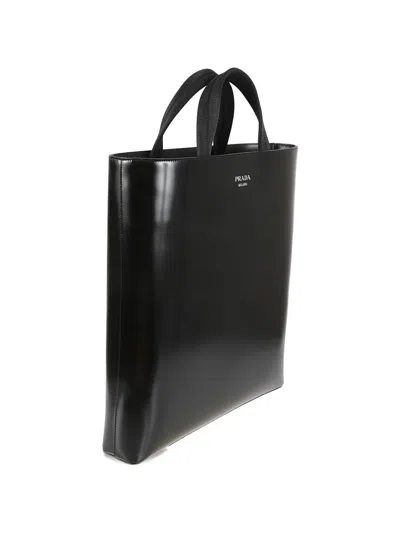 Prada Handle Leather Tote Bag In Black