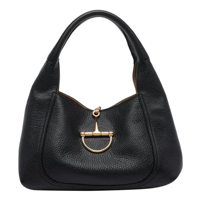 Gucci Women Black Shoulder Bag With Horsebit Closure In Grained Leather Woman In Black