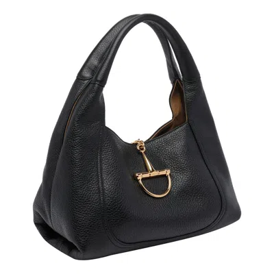 Gucci Women Black Shoulder Bag With Horsebit Closure In Grained Leather Woman In Black