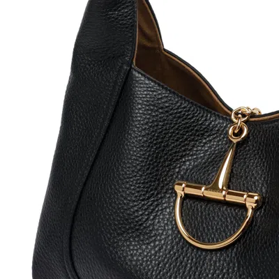 Gucci Women Black Shoulder Bag With Horsebit Closure In Grained Leather Woman In Black