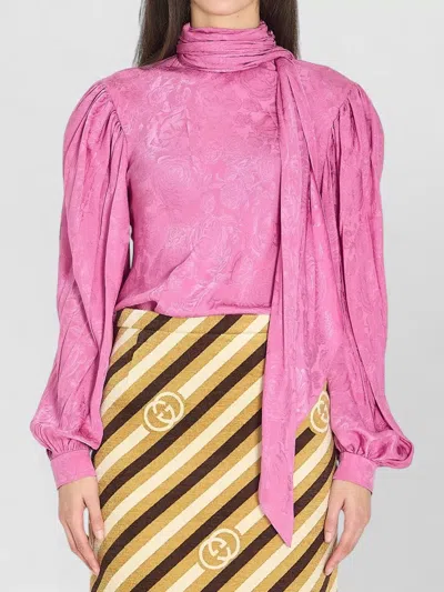 Gucci Silk Twill Shirt Neck Bow Rose Pattern In Multi
