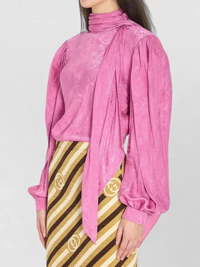 Gucci Silk Twill Shirt Neck Bow Rose Pattern In Multi