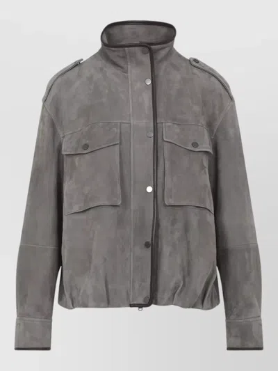 Brunello Cucinelli Suede Jacket High Collar Long Sleeves In Multi