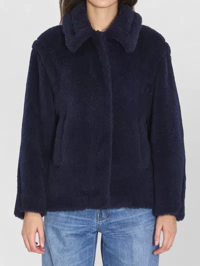 Max Mara Alpaca Wool Jacket Collared Design Front Pockets In Blue