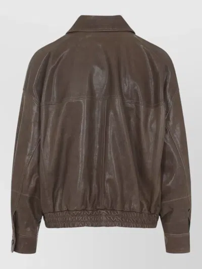 Brunello Cucinelli Leather Bomber Jacket Point Collar Hem In Multi