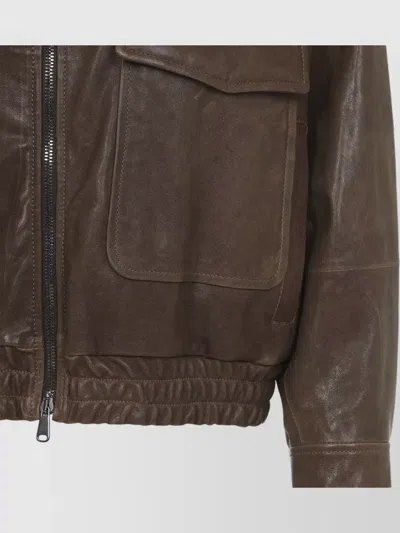 Brunello Cucinelli Leather Bomber Jacket Point Collar Hem In Multi