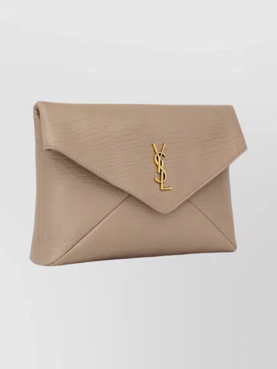 Saint Laurent Cassandre Large Envelope Style Clutch Bag In Brown
