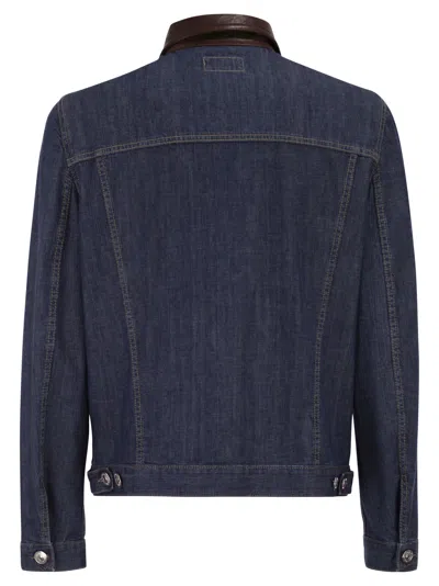 Brunello Cucinelli Men Lightweight Denim Jacket With Leather Collar In Animal Print