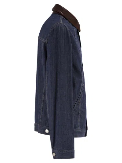 Brunello Cucinelli Men Lightweight Denim Jacket With Leather Collar In Animal Print