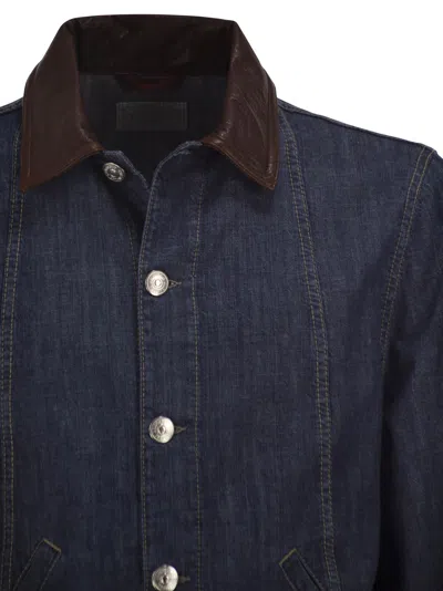 Brunello Cucinelli Men Lightweight Denim Jacket With Leather Collar In Animal Print