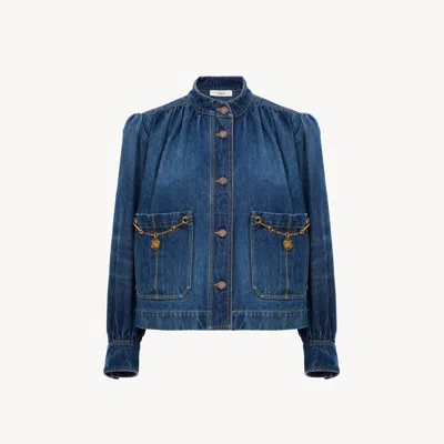 Chloé Blue Jacket With High Neck And Chain Detail On The Front In Denim Woman