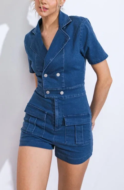 Flying Tomato Shorts Washed Denim Romper In Medium Indigo In Blue