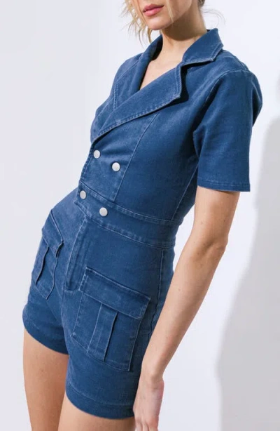 Flying Tomato Shorts Washed Denim Romper In Medium Indigo In Blue