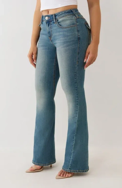 True Religion Joey Mid Rise Button Flap Flare Jeans In Blue