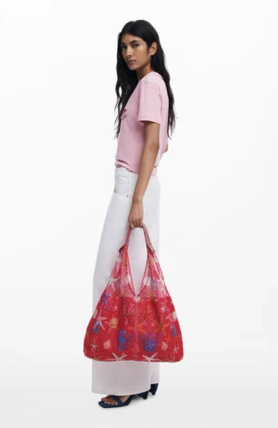 Desigual Print Embellished Net Shopper In Red
