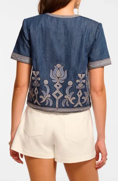 Ramy Brook Nicko Denim Embroidered Short Sleeve Jacket In Blue