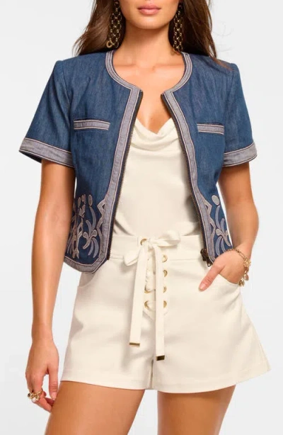 Ramy Brook Nicko Denim Embroidered Short Sleeve Jacket In Blue