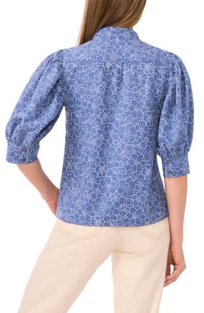 Cece Daisy Puff Sleeve Chambray Button-up Shirt In Blue