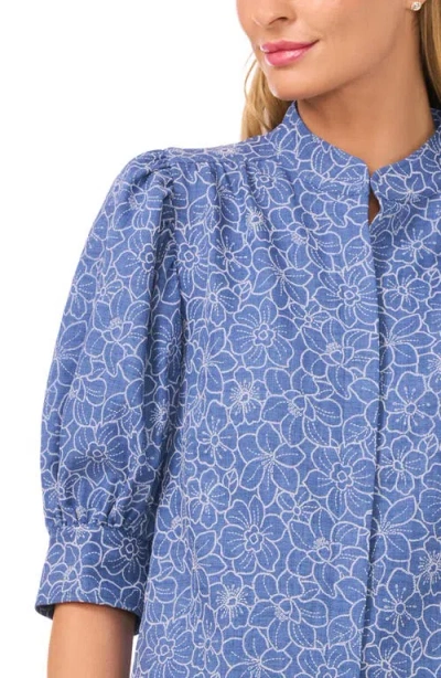 Cece Daisy Puff Sleeve Chambray Button-up Shirt In Blue