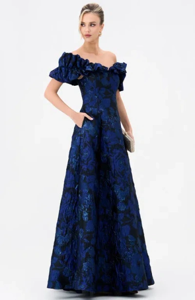Bariano Maliyah Off Shoulder Gown In Blue