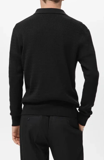 Mango Texture Long Sleeve Polo In Black