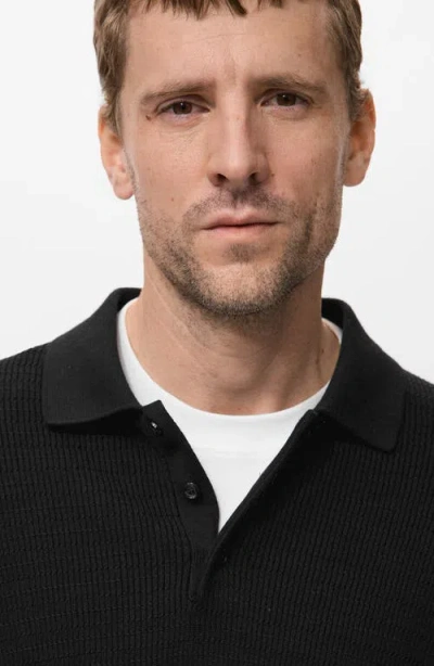 Mango Texture Long Sleeve Polo In Black