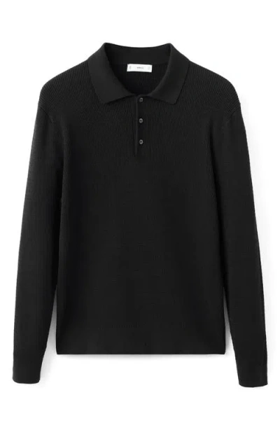 Mango Texture Long Sleeve Polo In Black