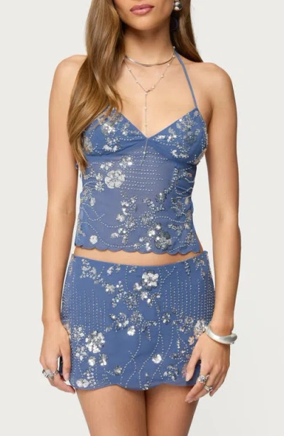 Edikted Nelley Backless Beaded Sequin Chiffon Top In Blue