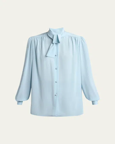 Valentino Bow-neck Silk Button-down Blouse In Blue