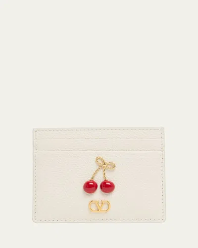 Valentino Cherry Motif Leather Cardholder Textured In White