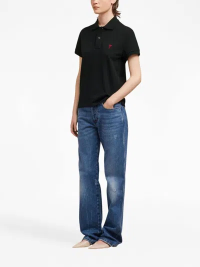 Ami Alexandre Mattiussi Ami Paris Men Black Polo Shirt With Adc Embroidery At The Front In Cotton Man In Black