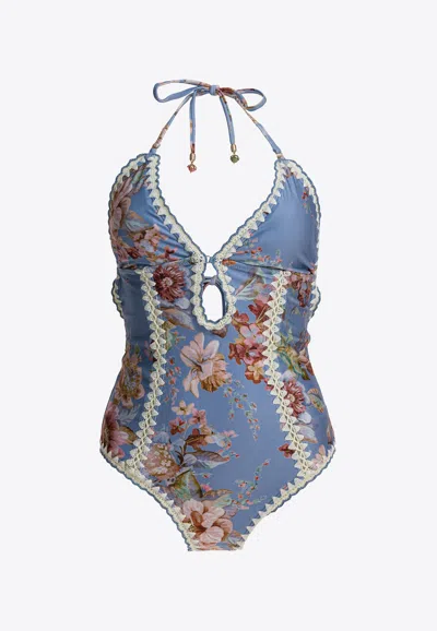 Zimmermann Triangle Bikini Top With Scalloped Trim And Detachable Straps In Blue