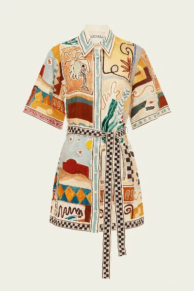 Alemais Michelle Printed Belted Linen Mini Shirt Dress In Multi