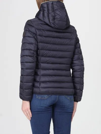 Save The Duck 'alexis' Blue Hooded Down Jacket With Tonal Logo Print In Shiny Nylon Woman In Blue