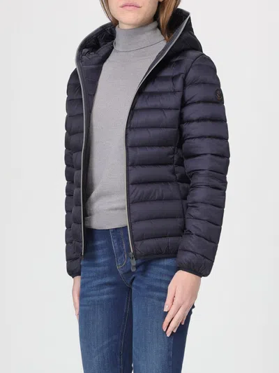 Save The Duck 'alexis' Blue Hooded Down Jacket With Tonal Logo Print In Shiny Nylon Woman In Blue