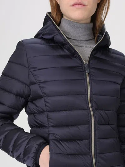 Save The Duck 'alexis' Blue Hooded Down Jacket With Tonal Logo Print In Shiny Nylon Woman In Blue