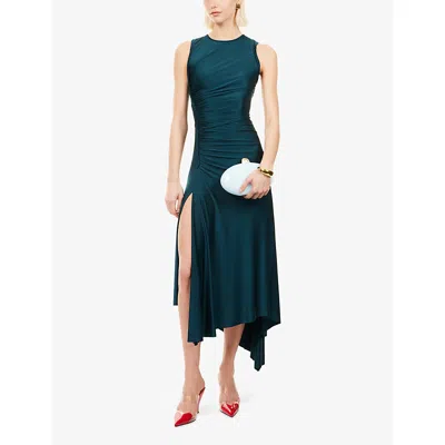 Victoria Beckham Womens Dark Teal Twist Asymmetric-hem Woven Midi Dress In Blue