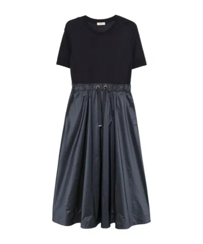 Herno Blue Crewneck Midi Dress With Elastic Drawstring Waist And Panelled Design In Tech Fabric Woman In Black