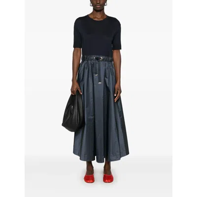 Herno Blue Crewneck Midi Dress With Elastic Drawstring Waist And Panelled Design In Tech Fabric Woman In Black